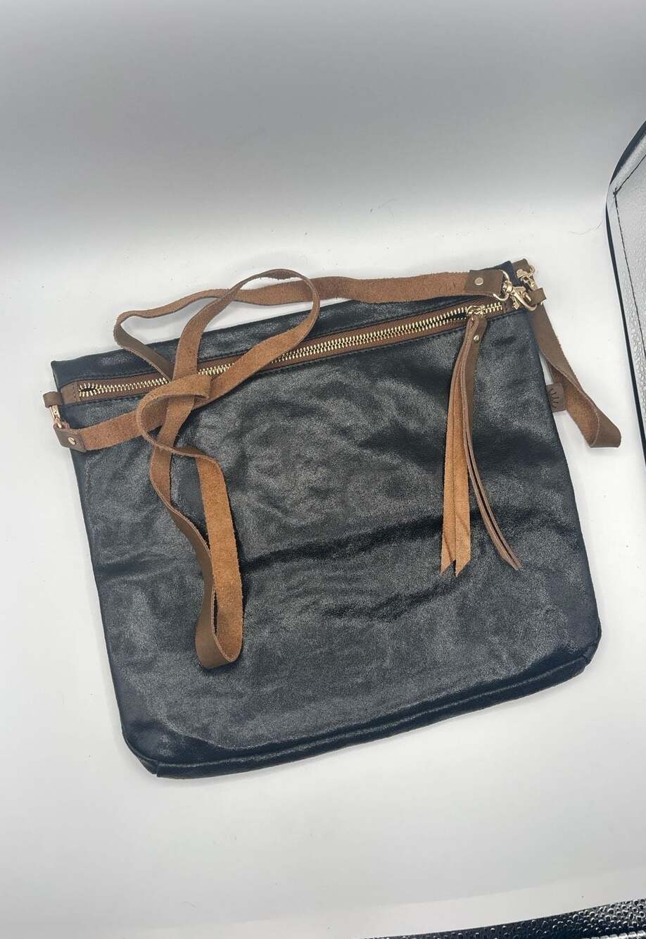 Head Regal Black Leather Foldover Crossbody Clutch Bag
